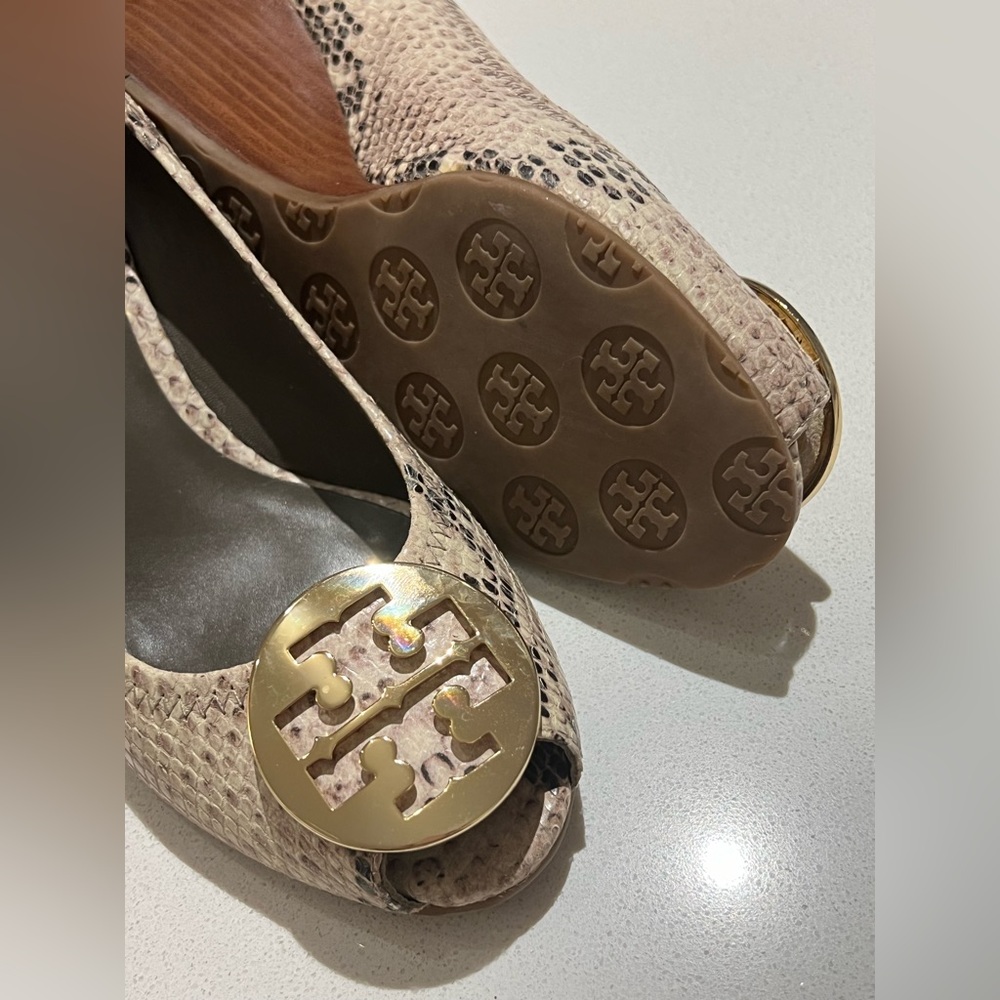 Tory Burch Snakeskin Peep-Toe Heels with Gold Accents